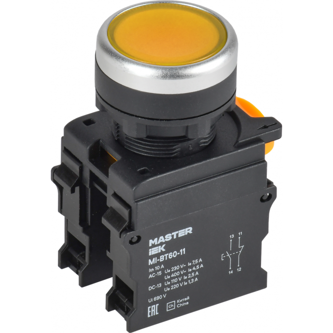 Кнопка IEK MASTER MI-BT60-11-3-22-K05 d=22мм 1NO+1NC жёлтая MI-BT60-11-33-22-K05