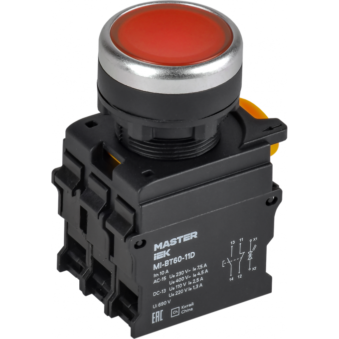 Кнопка с подсветкой IEK MASTER MI-BT60-11D-3-12-K04 d=22мм 1NO+1NC красная MI-BT60-11D-33-12-K04